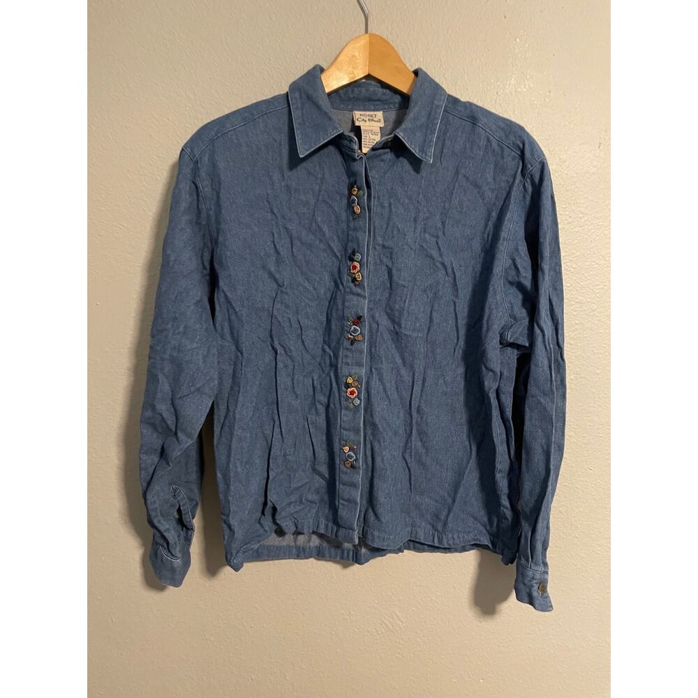 Vintage Koret Womens Top Large Denim Floral Embroidered Rosette Cottagecore 90s